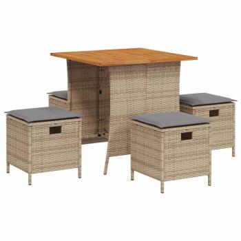 ARDEBO.de - 5-tlg. Garten-Essgruppe mit Kissen Beige Poly Rattan