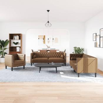 3-tlg. Chesterfield-Sofa-Set Braun Kunstleder Wildleder-Optik