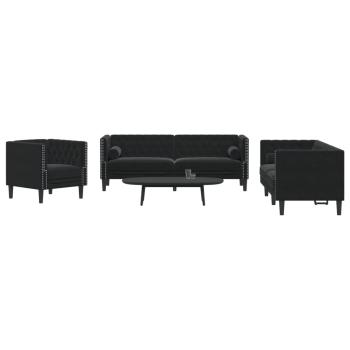 ARDEBO.de - 3-tlg. Chesterfield-Sofa-Set mit Nackenrollen Schwarz Samt
