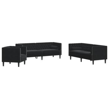 3-tlg. Chesterfield-Sofa-Set mit Nackenrollen Schwarz Samt