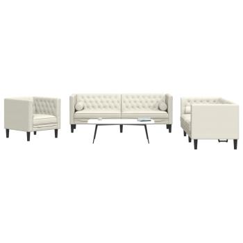 ARDEBO.de - 3-tlg. Chesterfield-Sofa-Set mit Nackenrollen Creme Samt