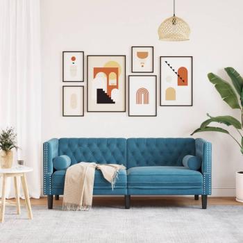 Chesterfield-Sofa mit Nackenrollen 2-Sitzer Blau Samt