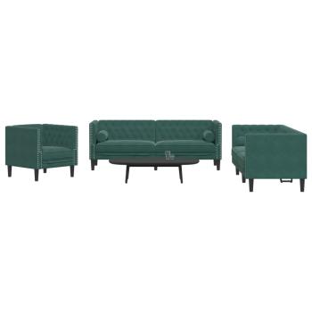 ARDEBO.de - 3-tlg. Chesterfield-Sofa-Set mit Nackenrollen Dunkelgrün Samt