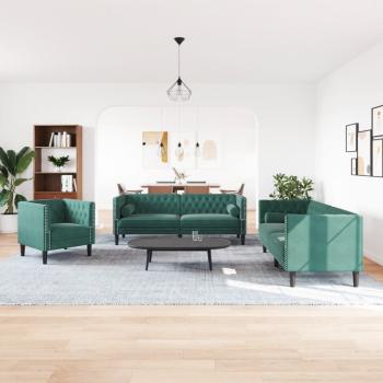 3-tlg. Chesterfield-Sofa-Set mit Nackenrollen Dunkelgrün Samt