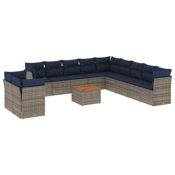 12-tlg. Garten-Sofagarnitur mit Kissen Grau Poly Rattan
