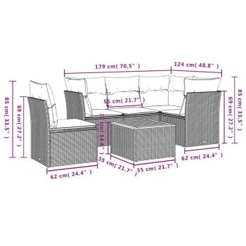 6-tlg. Garten-Sofagarnitur mit Kissen Grau Poly Rattan