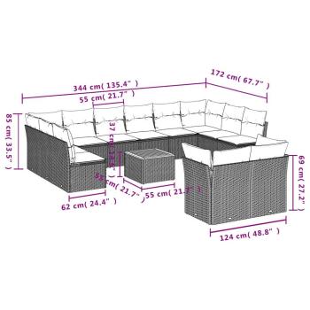 13-tlg. Garten-Sofagarnitur mit Kissen Grau Poly Rattan