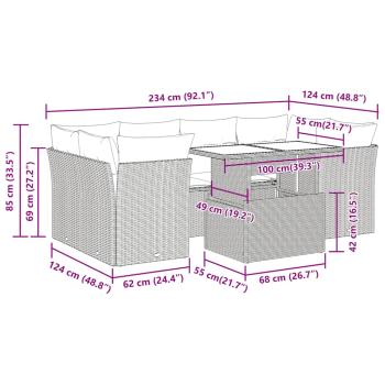 7-tlg. Garten-Sofagarnitur mit Kissen Grau Poly Rattan Akazie