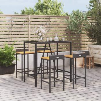 ARDEBO.de - 5-tlg. Gartenbar-Set Schwarz Poly Rattan & Massivholz Akazie