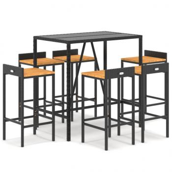 7-tlg. Gartenbar-Set Schwarz Poly Rattan & Massivholz Akazie