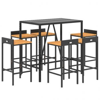 7-tlg. Gartenbar-Set Schwarz Poly Rattan & Massivholz Akazie
