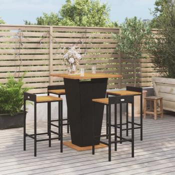 ARDEBO.de - 5-tlg. Gartenbar-Set Schwarz Poly Rattan & Massivholz Akazie