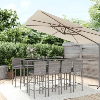 ARDEBO.de - 9-tlg. Gartenbar-Set mit Kissen Grau Poly Rattan