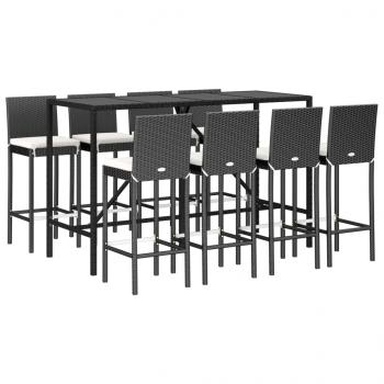 9-tlg. Gartenbar-Set mit Kissen Schwarz Poly Rattan