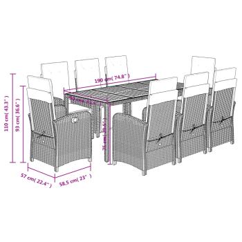 9-tlg. Garten-Essgruppe mit Kissen Schwarz Poly Rattan