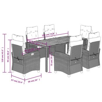 7-tlg. Garten-Essgruppe mit Kissen Schwarz Poly Rattan