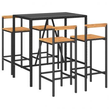 5-tlg. Gartenbar-Set Schwarz Poly Rattan & Massivholz Akazie