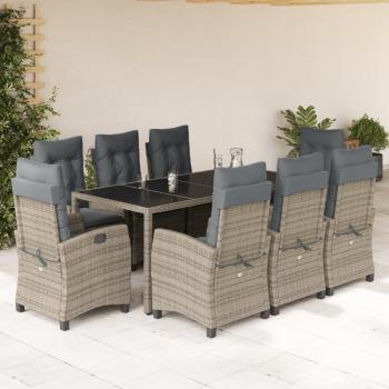 ARDEBO.de - 9-tlg. Garten-Essgruppe mit Kissen Grau Poly Rattan