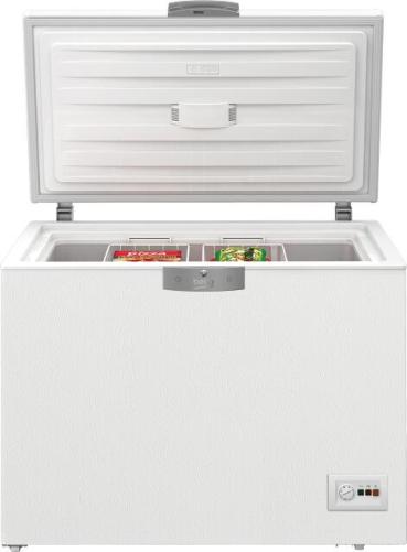 Beko HSM22340 Stand Gefriertruhe, 110,5 cm breit, 230 L, Schnellgefrieren, LED Beleuchtung, Temperaturalarm bei Störung, 2 Körbe, weiß