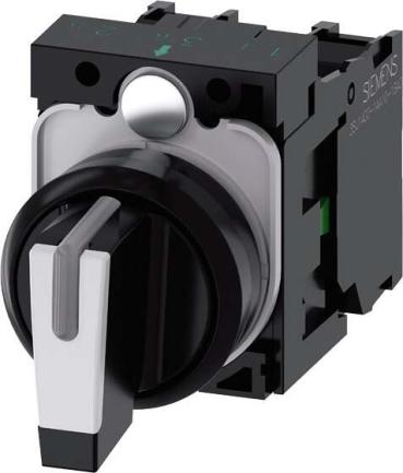 ARDEBO.de Siemens 3SU1100-2BM60-1NA0 Knebelschalter, beleuchtbar, 22 mm, rund, Kunststoff, weiß, Knebel, kurz, 3 Schaltstellungen, tastend, 10:30h/12h/13:30h, mit Halter, 1S, 1S, Schraubanschluss
