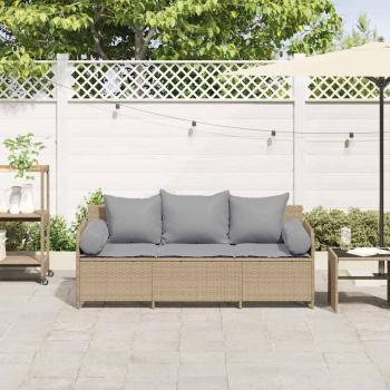 Gartensofa mit Kissen 3-Sitzer Beige Poly Rattan