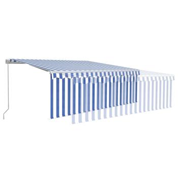 Markise Manuell Einziehbar mit Rollo & LED 4,5x3 m Blau & Weiß