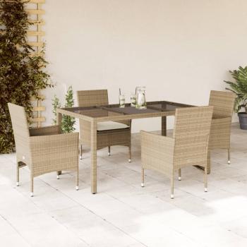 ARDEBO.de - 5-tlg. Garten-Essgruppe mit Kissen Beige Poly Rattan und Glas