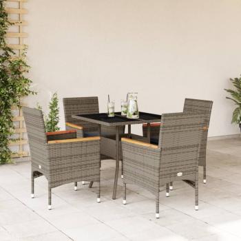 ARDEBO.de - 5-tlg. Garten-Essgruppe mit Kissen Grau Poly Rattan und Glas