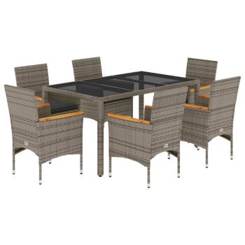 7-tlg. Garten-Essgruppe mit Kissen Grau Poly Rattan und Glas