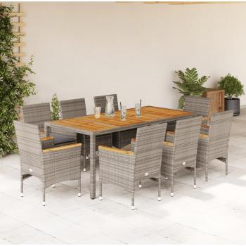 ARDEBO.de - 9-tlg. Garten-Essgruppe mit Kissen Grau Poly Rattan Akazie
