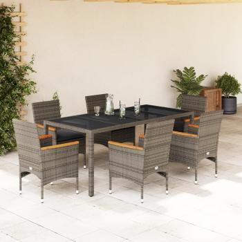 ARDEBO.de - 7-tlg. Garten-Essgruppe mit Kissen Grau Poly Rattan und Glas