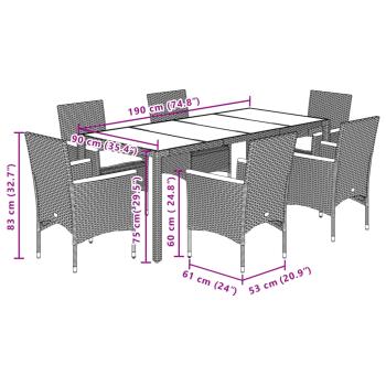 7-tlg. Garten-Essgruppe mit Kissen Grau Poly Rattan und Glas