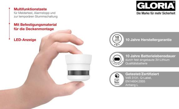 Gloria RC-10 Rauchmelder, fotoelektrisch, Batterie, 85dB(A), weiß (002518.2007)