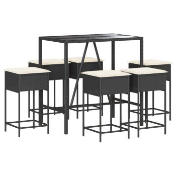 7-tlg. Gartenbar-Set mit Kissen Schwarz Poly Rattan