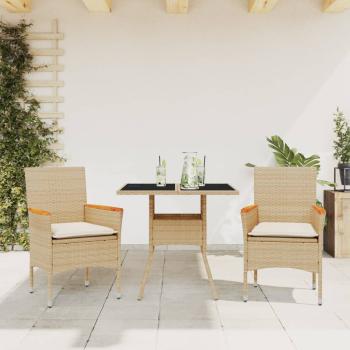 ARDEBO.de - 3-tlg. Garten-Essgruppe mit Kissen Beige Poly Rattan und Glas