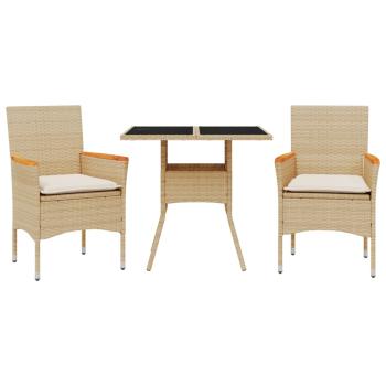 3-tlg. Garten-Essgruppe mit Kissen Beige Poly Rattan und Glas