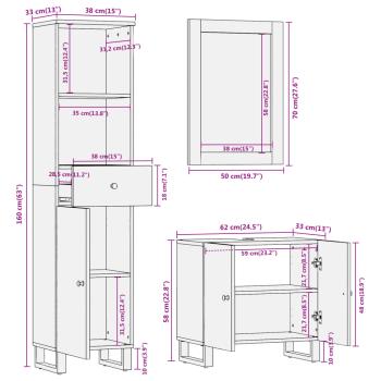 3-tlg. Badschrank-Set Braun und Schwarz Massivholz Mango