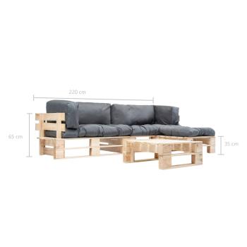 4-tlg. Paletten-Lounge-Set mit Kissen in Grau Holz