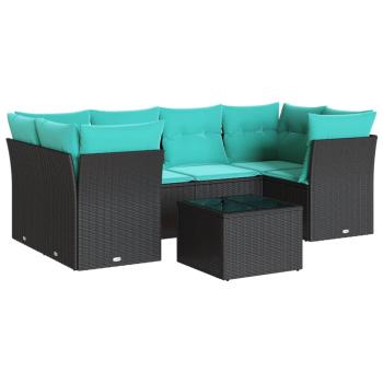7-tlg. Garten-Sofagarnitur mit Kissen Schwarz Poly Rattan