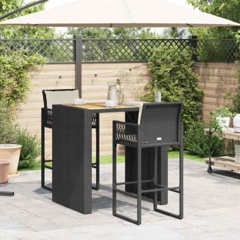 ARDEBO.de - 3-tlg. Gartenbar-Set mit Kissen Schwarz Poly Rattan Akazie