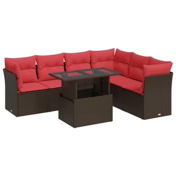 7-tlg. Garten-Sofagarnitur mit Kissen Grau Poly Rattan Akazie