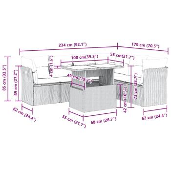 7-tlg. Garten-Sofagarnitur mit Kissen Grau Poly Rattan Akazie