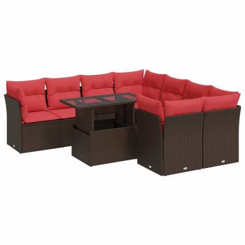 9-tlg. Garten-Sofagarnitur mit Kissen Braun Poly Rattan Akazie