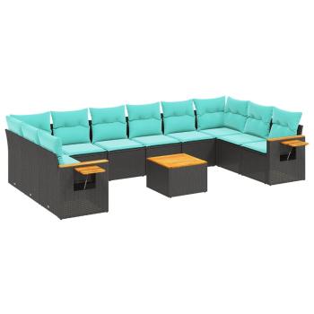 11-tlg. Garten-Sofagarnitur mit Kissen Schwarz Poly Rattan