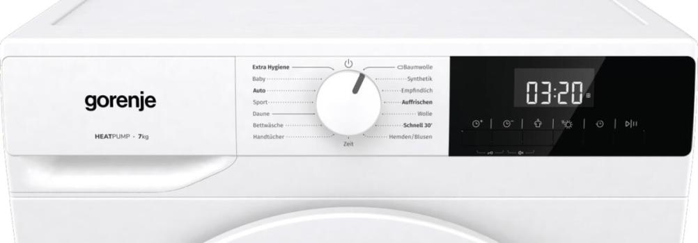 Gorenje DHNE72 EEK: D 7 kg Wärmepumpentrockner, 59,5 cm breit, 15 Programme, TwinAir, AutoDrain, Kindersicherung, weiß
