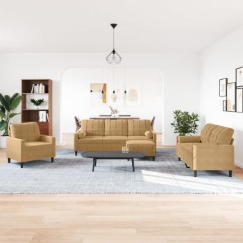 4-tlg. Sofagarnitur mit Kissen und Nackenrollen Braun Samt