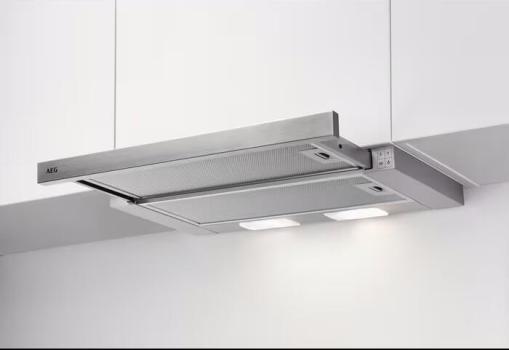 ARDEBO.de AEG DPS362AS EEK: C Extractor 3000 Flachschirmhaube, 60 cm breit, 330 m³/h, LED-Beleuchtung, Drucktasten, Abluft- und Umluftbetrieb, grau