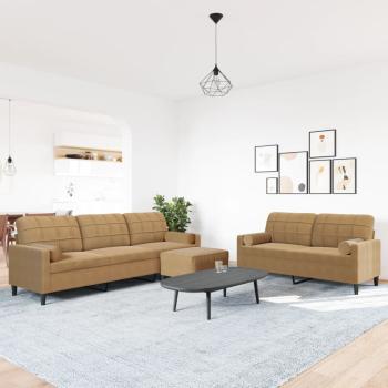 3-tlg. Sofagarnitur mit Kissen und Nackenrollen Braun Samt