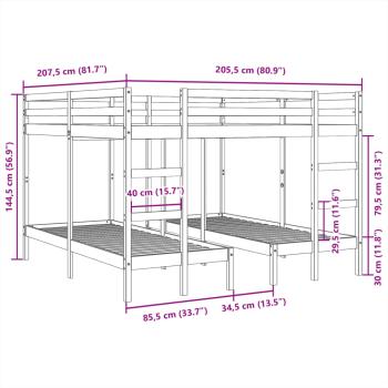 Dreifach-Etagenbett Weiß 200x200/80x200 cm Massivholz Kiefer