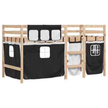 Kinderhochbett mit Vorhängen Weiß Schwarz 90x190 cm Kiefernholz